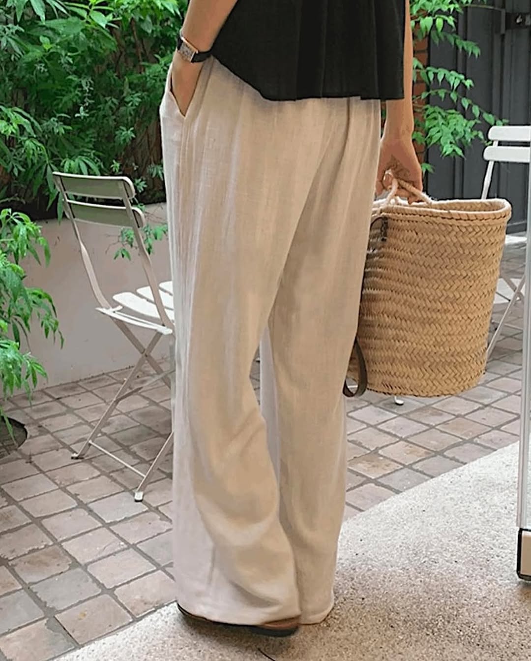 natural linen banding pants