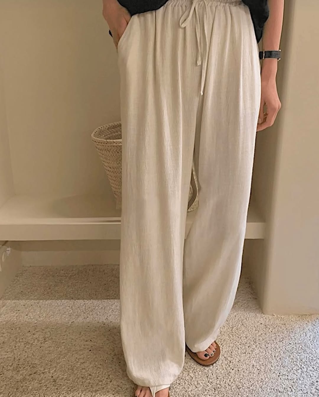 natural linen banding pants